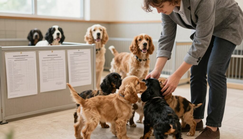 A serene scene illustrating the careful selection of a cocker spaniel breeder. In the foreground, a knowledgeable and professional individual in business casual attire gently examines a playful litter of cocker spaniel puppies, their fur shining in shades of golden and black. In the middle ground, a well-organized, clean breeding environment with proper documentation and health records visible, emphasizing a responsible breeding practice. The background features a cozy, welcoming setting that includes a well-maintained kennel and happy, healthy adult cocker spaniels. Soft, natural lighting filters through a window, creating a warm and safe atmosphere. The angle is slightly elevated, providing a clear view of the interaction, highlighting the importance of choosing the right breeder without distractions or text. A serene scene illustrating the careful selection of a cocker spaniel breeder. In the foreground, a knowledgeable and professional individual in business casual attire gently examines a playful litter of cocker spaniel puppies, their fur shining in shades of golden and black. In the middle ground, a well-organized, clean breeding environment with proper documentation and health records visible, emphasizing a responsible breeding practice. The background features a cozy, welcoming setting that includes a well-maintained kennel and happy, healthy adult cocker spaniels. Soft, natural lighting filters through a window, creating a warm and safe atmosphere. The angle is slightly elevated, providing a clear view of the interaction, highlighting the importance of choosing the right breeder without distractions or text.