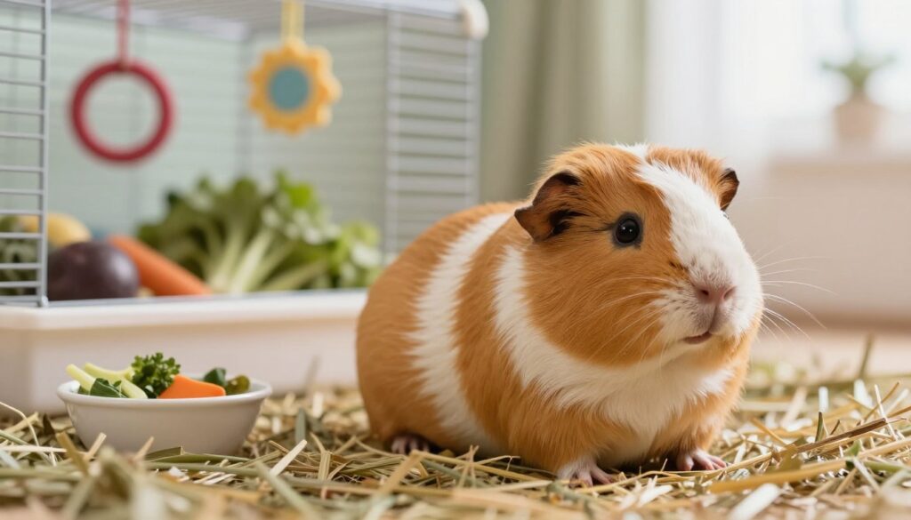A serene scene of a pregnant guinea pig in a cozy, well-lit environment. In the foreground, focus on a fluffy, expectant guinea pig with a slightly rounded belly, resting comfortably on a soft bed of hay. Her fur is glossy and well-groomed, displaying a gentle demeanor. In the middle ground, include a small, inviting cage adorned with colorful chew toys and a small bowl of fresh vegetables, indicating care and nurturing. In the background, softly blurred, suggest hints of a room filled with soft pastel colors, perhaps with natural light filtering through a window, enhancing the warm and nurturing atmosphere. Capture this moment with a shallow depth of field, emphasizing the guinea pig, to evoke a sense of tranquility and maternal warmth. A serene scene of a pregnant guinea pig in a cozy, well-lit environment. In the foreground, focus on a fluffy, expectant guinea pig with a slightly rounded belly, resting comfortably on a soft bed of hay. Her fur is glossy and well-groomed, displaying a gentle demeanor. In the middle ground, include a small, inviting cage adorned with colorful chew toys and a small bowl of fresh vegetables, indicating care and nurturing. In the background, softly blurred, suggest hints of a room filled with soft pastel colors, perhaps with natural light filtering through a window, enhancing the warm and nurturing atmosphere. Capture this moment with a shallow depth of field, emphasizing the guinea pig, to evoke a sense of tranquility and maternal warmth.