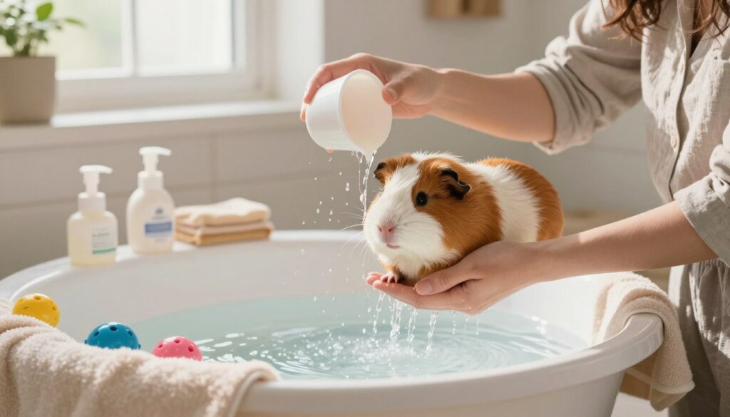 A serene, step-by-step scene of a gentle bath for a guinea pig, capturing the warm and comforting atmosphere. In the foreground, a caring person, dressed in modest casual clothing, gently holds a small, fluffy guinea pig in one hand, while the other hand is splashing a light drizzle of warm water from a small cup. In the middle, a shallow tub filled with a bit of water, surrounded by soft towels and pet shampoo, is positioned, with colorful bath toys adding a playful touch. In the background, a cozy bathroom setting with natural light streaming in through a window, highlighting the calm and stress-free environment, evoking a mood of love and care for the pet.