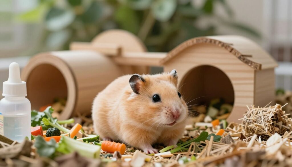 A serene, well-lit scene depicting a Dzhungarian hamster in a cozy habitat. In the foreground, the tiny hamster with a soft, fluffy coat is nestled comfortably in a bed of natural bedding, surrounded by small pieces of fresh vegetables and a tiny water bottle. In the middle ground, a decorative habitat tailored for the hamster includes wooden tunnels and chew toys, emphasizing a nurturing environment. The background features subtle greenery, mimicking the hamster's natural habitat with soft, natural lighting that casts a gentle, warm glow, creating a tranquil and inviting atmosphere. Include a focus on the hamster's lively eyes, reflecting curiosity and health, capturing the essence of its well-being influenced by habitat conditions. No text or overlays.