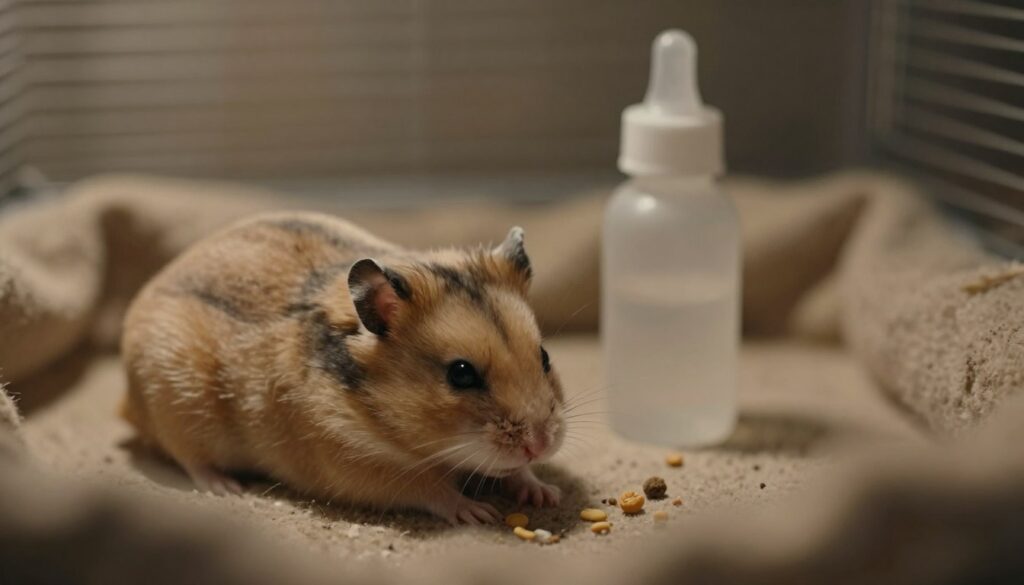 A serene yet somber scene showcasing a small hamster in a cozy, dimly lit environment, reflecting typical symptoms of decline. In the foreground, the hamster lies on soft bedding, its fur slightly ruffled, eyes closed, indicating fatigue. In the middle ground, a small water bottle and a scattered few food pellets suggest neglect, while the background features a faintly visible, softly blurred hamster habitat, with muted colors to convey a sense of sadness. The lighting is soft and warm, with shadows that create an intimate atmosphere, suggesting a gentle farewell. The composition should evoke empathy and contemplation, without explicit distress or violence, capturing the essence of a pet nearing the end of its life.