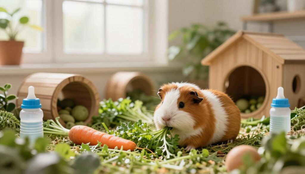 A spacious and well-designed guinea pig cage filled with vibrant greenery and cozy bedding. In the foreground, a fluffy long-haired guinea pig is seen munching on fresh vegetables like carrots and leafy greens, surrounded by toys and a small water bottle. In the middle, the cage features natural wood elements, tunnels, and hideaways, reflecting a stimulating environment for the pet. The background shows a soft-focus of a bright, sunlit room with large windows allowing warm sunlight to illuminate the scene, creating a cheerful and inviting atmosphere. The overall mood is peaceful and nurturing, highlighting a habitat that promotes the health and longevity of a guinea pig. Use a shallow depth of field to emphasize the guinea pig and its enriched enclosure.