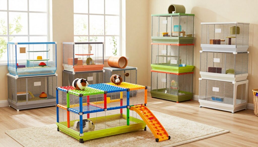 A spacious, bright room showcasing a variety of multi-level and modular guinea pig cages arranged harmoniously. In the foreground, a vibrant C&C (Cubes and Connectors) cage with colorful plastic grids and ramps, featuring playful guinea pigs exploring their space. In the middle ground, a traditional tiered cage displaying different levels and accessories like tunnels and hiding spots. The background features large windows allowing natural light to flood the space, accentuating the cages' design. The overall atmosphere is lively and inviting, with soft, warm lighting that enhances the cheerful environment. The image captures the essence of functional and aesthetically pleasing guinea pig habitats, highlighting the benefits of vertical and modular designs. A spacious, bright room showcasing a variety of multi-level and modular guinea pig cages arranged harmoniously. In the foreground, a vibrant C&C (Cubes and Connectors) cage with colorful plastic grids and ramps, featuring playful guinea pigs exploring their space. In the middle ground, a traditional tiered cage displaying different levels and accessories like tunnels and hiding spots. The background features large windows allowing natural light to flood the space, accentuating the cages' design. The overall atmosphere is lively and inviting, with soft, warm lighting that enhances the cheerful environment. The image captures the essence of functional and aesthetically pleasing guinea pig habitats, highlighting the benefits of vertical and modular designs.