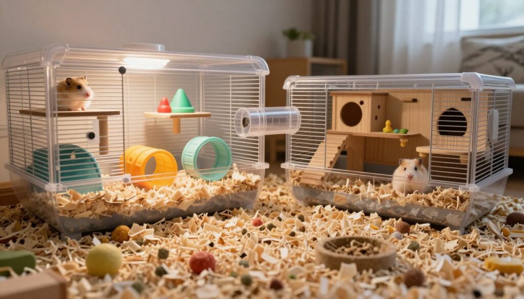 A spacious hamsters' habitat showcasing two distinct cages: one designed for a Syrian hamster with generous horizontal space, multiple levels, and colorful accessories like tunnels, a wheel, and nesting areas; the other for a Dzungarian hamster, slightly smaller yet cozy, featuring natural wood elements, hideouts, and climbing opportunities. In the foreground, create a close-up of bedding materials like soft aspen shavings and scattered food treats. The middle ground highlights the cages connected by a clear plastic tube, with the Syrian cage brightly lit and the Dzungarian cage shadowed for contrast. The background displays a soft-focus room setting with gentle, warm lighting to evoke a cozy atmosphere. Use a wide-angle lens effect to emphasize the spaciousness and comfort of the hamster environments, capturing a sense of safety and playfulness. A spacious hamsters' habitat showcasing two distinct cages: one designed for a Syrian hamster with generous horizontal space, multiple levels, and colorful accessories like tunnels, a wheel, and nesting areas; the other for a Dzungarian hamster, slightly smaller yet cozy, featuring natural wood elements, hideouts, and climbing opportunities. In the foreground, create a close-up of bedding materials like soft aspen shavings and scattered food treats. The middle ground highlights the cages connected by a clear plastic tube, with the Syrian cage brightly lit and the Dzungarian cage shadowed for contrast. The background displays a soft-focus room setting with gentle, warm lighting to evoke a cozy atmosphere. Use a wide-angle lens effect to emphasize the spaciousness and comfort of the hamster environments, capturing a sense of safety and playfulness.