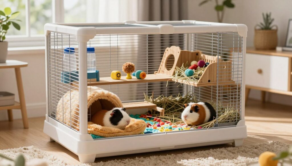 A spacious, well-designed guinea pig cage featuring multiple levels, spacious compartments, and colorful bedding. In the foreground, showcase a cozy sleeping area with a soft, plush hideout and a couple of playful guinea pigs exploring their environment. The middle layer depicts an array of essential accessories like water bottles, hay racks, and a variety of chew toys, arranged neatly around the cage. Soft, natural lighting pours in from a nearby window, illuminating the scene and creating a warm, inviting atmosphere. In the background, a serene, well-organized room setting complements the focus on the guinea pig habitat, emphasizing the care and attention that goes into setting up a home for these pets. The angle is slightly elevated, providing a clear view of the intricate details within the cage, while maintaining a warm and educational vibe.