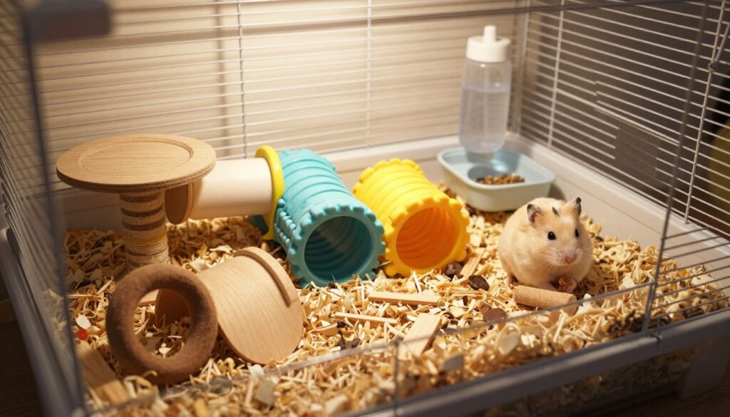 A spacious, well-designed hamster cage, filled with enriching elements that promote comfort and reduce gnawing behavior. In the foreground, a cozy, soft bedding area with natural materials, and chew toys made from untreated wood. In the middle ground, a variety of tunnels and climbing structures made from safe, colorful plastic, inviting exploration. The background features a water bottle and food dish, both neatly placed to ensure hygiene. Soft, warm lighting creates a cozy atmosphere, with gentle shadows adding depth. The image is shot from a slightly elevated angle to showcase the cage layout clearly, emphasizing an environment that nurtures a healthy, happy hamster. Overall, the scene conveys tranquility and well-being, illustrating optimal conditions for a pet hamster. A spacious, well-designed hamster cage, filled with enriching elements that promote comfort and reduce gnawing behavior. In the foreground, a cozy, soft bedding area with natural materials, and chew toys made from untreated wood. In the middle ground, a variety of tunnels and climbing structures made from safe, colorful plastic, inviting exploration. The background features a water bottle and food dish, both neatly placed to ensure hygiene. Soft, warm lighting creates a cozy atmosphere, with gentle shadows adding depth. The image is shot from a slightly elevated angle to showcase the cage layout clearly, emphasizing an environment that nurtures a healthy, happy hamster. Overall, the scene conveys tranquility and well-being, illustrating optimal conditions for a pet hamster.
