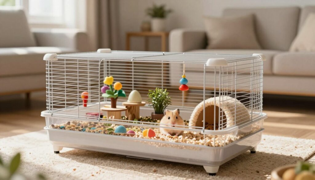 A spacious, well-designed hamster cage in the foreground, featuring various colorful toys, a cozy nesting area, and a clean substrate, all arranged thoughtfully to create an inviting environment. In the middle ground, small plants and soothing decorations enhance the ambiance, while a playful Dzungarian hamster is visible, exploring the setup with curiosity. The background shows a warm, softly lit living room, with gentle rays of sunlight streaming through a window, casting lively shadows. The overall mood is tranquil and nurturing, emphasizing an ideal habitat that promotes the well-being and longevity of the hamster. The image captures this perfect balance of comfort and stimulation in a hamster's home. A spacious, well-designed hamster cage in the foreground, featuring various colorful toys, a cozy nesting area, and a clean substrate, all arranged thoughtfully to create an inviting environment. In the middle ground, small plants and soothing decorations enhance the ambiance, while a playful Dzungarian hamster is visible, exploring the setup with curiosity. The background shows a warm, softly lit living room, with gentle rays of sunlight streaming through a window, casting lively shadows. The overall mood is tranquil and nurturing, emphasizing an ideal habitat that promotes the well-being and longevity of the hamster. The image captures this perfect balance of comfort and stimulation in a hamster's home.