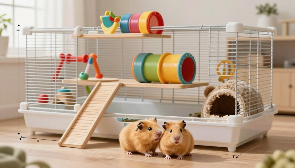 A spacious, well-equipped cage for Syrian hamsters, featuring multiple levels connected by ramps, and furnished with vibrant toys, tunnels, and a cozy nesting area. In the foreground, a pair of happy Syrian hamsters play together, displaying their fluffy golden fur and curious expressions. The middle ground showcases the cage's dimensions, highlighting the width and height with clear divisions of space for activity and rest. In the background, soft, natural lighting filters in through a window, creating a warm, inviting atmosphere. The overall mood reflects comfort and playfulness, emphasizing the importance of adequate space for these adorable pets. The perspective is slightly elevated, capturing the entire setup without any text or distractions.