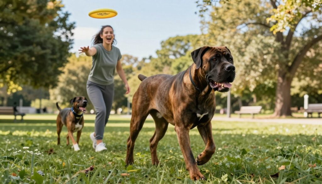 A strong and healthy Cane Corso walking energetically in a lush green park. In the foreground, the dog, muscular and well-groomed, showcases its powerful build and alert expression. In the middle ground, an enthusiastic dog owner, dressed in casual athletic wear, throws a frisbee, encouraging the dog to fetch. The background features trees and a clear blue sky, with sunlight filtering through the leaves, creating a warm and inviting atmosphere. The scene captures a sense of vitality and companionship, emphasizing the importance of activity for the dog's well-being. Use a slightly low angle to highlight the dog's stature and energy, with soft, natural lighting to enhance the colors and details. A strong and healthy Cane Corso walking energetically in a lush green park. In the foreground, the dog, muscular and well-groomed, showcases its powerful build and alert expression. In the middle ground, an enthusiastic dog owner, dressed in casual athletic wear, throws a frisbee, encouraging the dog to fetch. The background features trees and a clear blue sky, with sunlight filtering through the leaves, creating a warm and inviting atmosphere. The scene captures a sense of vitality and companionship, emphasizing the importance of activity for the dog's well-being. Use a slightly low angle to highlight the dog's stature and energy, with soft, natural lighting to enhance the colors and details.
