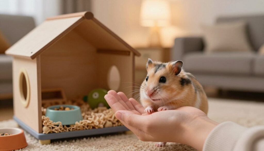 A tender scene of a fluffy, curious hamster gently interacting with a person’s hand in a cozy living room. In the foreground, the hamster sniffs the fingertips, showcasing its whiskers and bright eyes, while the person's hand, wearing a simple, light-colored sleeve, is open in a non-threatening gesture. In the middle ground, a small, colorful hamster habitat filled with soft bedding, tiny toys, and a food bowl offers a loving homey feel. The background features warm, soft lighting from a nearby lamp, casting a comforting glow throughout the room. The atmosphere is peaceful and intimate, emphasizing the bond and trust between the hamster and its human companion, captured with a soft-focus lens to enhance the emotional connection.