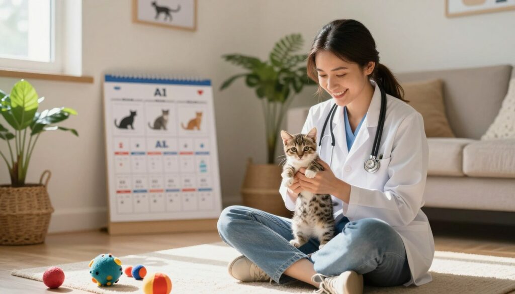 A veterinarian with a warm smile is sitting on the floor of a cozy room filled with sunlight, holding a tabby kitten in her hands. The atmosphere is calm and nurturing, emphasizing the importance of regular deworming. In the foreground, colorful toys are scattered around, symbolizing the playfulness of young cats. In the middle ground, there is a wall calendar showing different ages and lifestyles of cats with visual indicators for deworming schedules. The background features a calming interior with plants and soft light filtering through a window, creating an inviting and educational environment. The focus is on the interaction between the veterinarian and the kitten, highlighting the caring aspect of pet health management. A veterinarian with a warm smile is sitting on the floor of a cozy room filled with sunlight, holding a tabby kitten in her hands. The atmosphere is calm and nurturing, emphasizing the importance of regular deworming. In the foreground, colorful toys are scattered around, symbolizing the playfulness of young cats. In the middle ground, there is a wall calendar showing different ages and lifestyles of cats with visual indicators for deworming schedules. The background features a calming interior with plants and soft light filtering through a window, creating an inviting and educational environment. The focus is on the interaction between the veterinarian and the kitten, highlighting the caring aspect of pet health management.