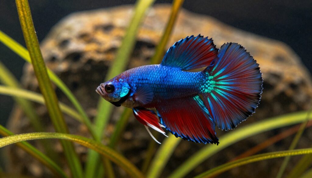 A vibrant Siamese fighting fish gracefully swimming in a lush underwater environment, showcasing its stunning colors of iridescent blue and red. The foreground features detailed aquatic plants, swaying gently in the current, providing a natural habitat for the fish. The middle layer includes the fish itself, capturing its elegant fin movements and intricate scales glistening in the light. In the background, there are soft, blurred outlines of submerged rocks and additional vegetation, enhancing the depth of the scene. The lighting is warm and natural, creating a serene atmosphere reminiscent of a peaceful underwater ecosystem. The angle is slightly above the fish, offering a captivating view of its natural grace and beauty, inviting the viewer into the world of this exotic creature. A vibrant Siamese fighting fish gracefully swimming in a lush underwater environment, showcasing its stunning colors of iridescent blue and red. The foreground features detailed aquatic plants, swaying gently in the current, providing a natural habitat for the fish. The middle layer includes the fish itself, capturing its elegant fin movements and intricate scales glistening in the light. In the background, there are soft, blurred outlines of submerged rocks and additional vegetation, enhancing the depth of the scene. The lighting is warm and natural, creating a serene atmosphere reminiscent of a peaceful underwater ecosystem. The angle is slightly above the fish, offering a captivating view of its natural grace and beauty, inviting the viewer into the world of this exotic creature.