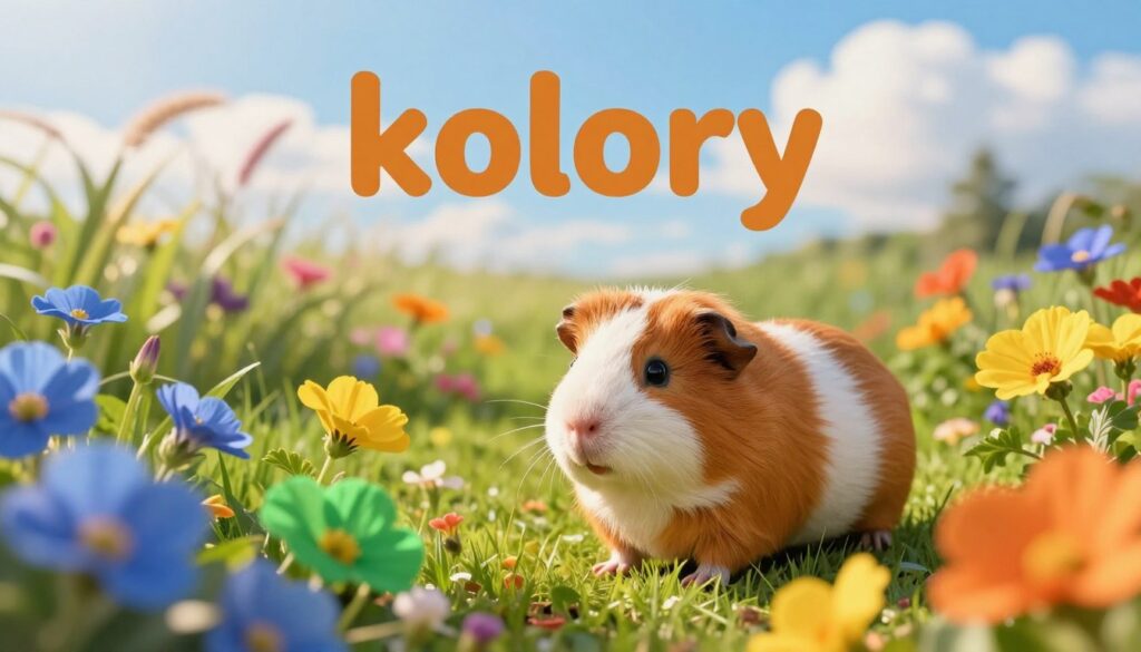 A vibrant and captivating image illustrating the concept of "kolory" as seen through the eyes of guinea pigs. In the foreground, a playful guinea pig explores a colorful garden filled with various flowers in shades of blue, green, yellow, and orange, showcasing the spectrum of colors visible to them. The middle section features soft, blurred grasses swaying gently, creating an inviting atmosphere. In the background, a bright blue sky with fluffy white clouds enhances the sense of openness. The lighting is warm and natural, mimicking the golden hour, casting gentle shadows and accentuating the colors. The composition is dynamic, inviting viewers to immerse themselves in this colorful world, emphasizing how guinea pigs perceive their environment. A vibrant and captivating image illustrating the concept of "kolory" as seen through the eyes of guinea pigs. In the foreground, a playful guinea pig explores a colorful garden filled with various flowers in shades of blue, green, yellow, and orange, showcasing the spectrum of colors visible to them. The middle section features soft, blurred grasses swaying gently, creating an inviting atmosphere. In the background, a bright blue sky with fluffy white clouds enhances the sense of openness. The lighting is warm and natural, mimicking the golden hour, casting gentle shadows and accentuating the colors. The composition is dynamic, inviting viewers to immerse themselves in this colorful world, emphasizing how guinea pigs perceive their environment.