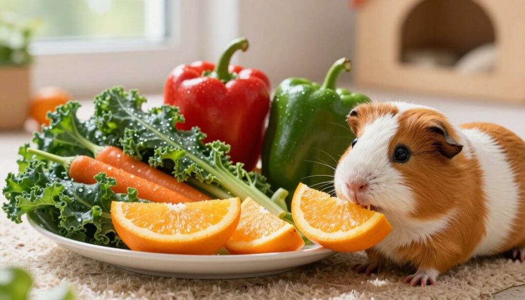 A vibrant and colorful scene illustrating a guinea pig interacting with a fresh assortment of vitamin C-rich vegetables, such as bell peppers, kale, and orange slices. In the foreground, the guinea pig, with its soft fur and curious expression, is nibbling on a slice of orange, showing a playful and healthy demeanor. In the middle, a well-arranged plate filled with the vegetables offers a bright and inviting contrast, with droplets of water glistening on the leaves to emphasize freshness. The background features a cozy, well-lit pet habitat with soft bedding and a few scattered toys, creating a warm and nurturing atmosphere. The overall mood is cheerful and educational, under natural sunlight filtering through a window, enhancing the colors and textures of the scene.