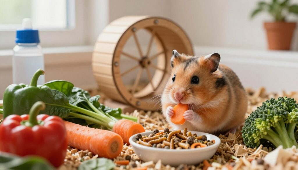 A vibrant and detailed portrayal of a Syrian hamster's diet. In the foreground, a Syrian hamster is shown nibbling on a piece of fresh carrot, surrounded by a variety of colorful vegetables like bell peppers, spinach, and broccoli. Nearby, a small bowl filled with high-quality hamster pellets and a few mealworms adds diversity to its meal. The middle ground features a clean and cozy habitat with soft bedding, a small water bottle, and a tiny wooden wheel for exercise. In the background, soft natural light filters through a window, casting gentle shadows and highlighting the hamster's fur texture. The atmosphere is warm and inviting, capturing the essence of a nurturing environment for pet care. The scene is lively yet serene, illustrating a balanced and healthy diet for Syrian hamsters.