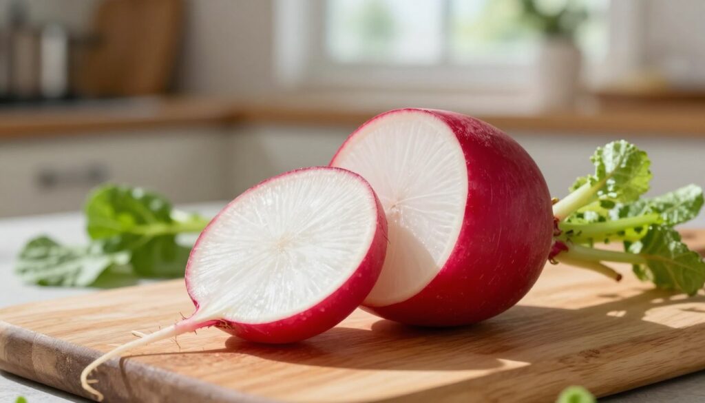 A vibrant, close-up image of a fresh radish, meticulously sliced in half to reveal its crisp, white interior, placed on a wooden cutting board. The radish should be surrounded by scattered greens, emphasizing its nutritional value. In the background, gentle sunlight filters through a kitchen window, casting warm, soft shadows to create a cozy atmosphere. The focus should be sharp on the radish, with a slight blur on the background elements, enhancing the subject's detail. A rustic kitchen setting can be subtly suggested to evoke a sense of home and health. The overall mood should be inviting and informative, suitable for educational content about the nutritional benefits of radishes for guinea pigs. A vibrant, close-up image of a fresh radish, meticulously sliced in half to reveal its crisp, white interior, placed on a wooden cutting board. The radish should be surrounded by scattered greens, emphasizing its nutritional value. In the background, gentle sunlight filters through a kitchen window, casting warm, soft shadows to create a cozy atmosphere. The focus should be sharp on the radish, with a slight blur on the background elements, enhancing the subject's detail. A rustic kitchen setting can be subtly suggested to evoke a sense of home and health. The overall mood should be inviting and informative, suitable for educational content about the nutritional benefits of radishes for guinea pigs.