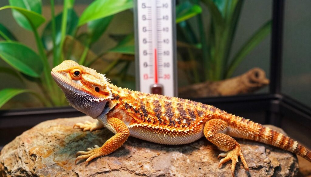 A vibrant close-up of a bearded dragon basking on a textured rock in a terrarium, showcasing the nuances of temperature gradients. The foreground features the dragon's detailed scales glistening under bright, warm lighting, with a slight shimmer indicating heat. In the middle ground, a thermometer prominently displays varying temperature readings, emphasizing the importance of a proper thermal gradient. The background includes lush green plants and a soft, blurred view of terrarium elements that suggest a natural habitat. The atmosphere is warm and inviting, symbolizing the balance between heat and comfort for the creature's metabolism. The image should be bright, clear, and focus on the interaction between the dragon and its environment, with no text or distractions.