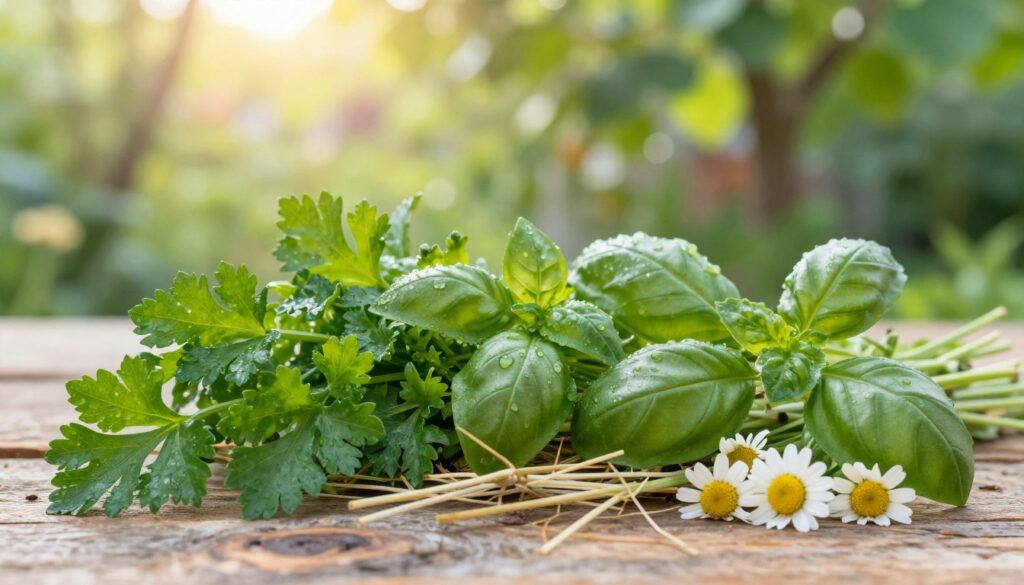 A vibrant close-up of freshly harvested herbs suitable for hamsters, including parsley, basil, and chamomile, arranged artistically on a rustic wooden surface. In the foreground, focus on the textures and shades of green, with dew drops glistening on the leaves to emphasize freshness. In the middle ground, soft strands of hay intertwine with the herbs, showcasing their natural habitat. The background features a blurred garden scene filled with soft, warm sunlight filtering through leafy trees, creating a serene and inviting atmosphere. The image should evoke a sense of natural health and wellbeing, with an emphasis on the vibrant colors and organic shapes of the plants. Use a shallow depth of field to draw attention to the herbs, capturing the gentle interplay of light and shadow. A vibrant close-up of freshly harvested herbs suitable for hamsters, including parsley, basil, and chamomile, arranged artistically on a rustic wooden surface. In the foreground, focus on the textures and shades of green, with dew drops glistening on the leaves to emphasize freshness. In the middle ground, soft strands of hay intertwine with the herbs, showcasing their natural habitat. The background features a blurred garden scene filled with soft, warm sunlight filtering through leafy trees, creating a serene and inviting atmosphere. The image should evoke a sense of natural health and wellbeing, with an emphasis on the vibrant colors and organic shapes of the plants. Use a shallow depth of field to draw attention to the herbs, capturing the gentle interplay of light and shadow.