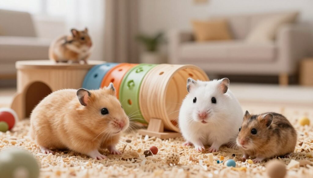 A vibrant depiction of various hamster breeds, including a Syrian hamster with rich golden fur in the foreground, an energetic Djungarian hamster with a snowy white coat playing with a small wheel, and a tiny Roborovski hamster exploring a colorful tunnel system. The middle ground features a soft, natural wood habitat with bedding and chew toys. In the background, a calm, cozy room is illuminated by warm, soft lighting, creating a welcoming and nurturing atmosphere. Use a shallow depth of field to emphasize the hamsters while slightly blurring the background. The mood is lively yet serene, reflecting the joy of caring for these beloved pets and their various breeds.