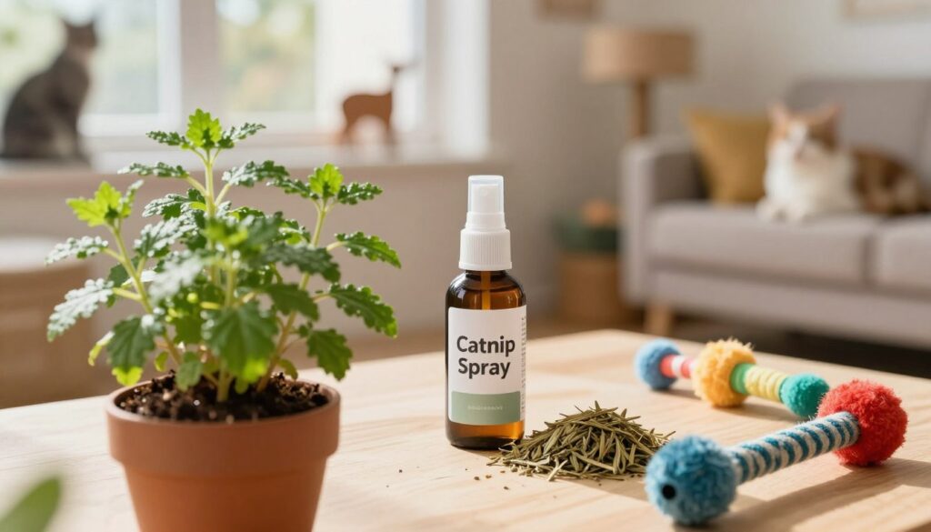 A vibrant display of various forms of catnip, showcasing a beautiful potted catnip plant in the foreground, fresh green leaves glistening under soft natural sunlight. In the middle ground, an elegant spray bottle labeled 'Catnip Spray' sits next to a small pile of dried catnip, with colorful cat toys scattered around. The background features a cozy, softly lit living room environment, with a window letting in warm light and hints of playful cat figures in silhouette. The scene conveys a playful and inviting atmosphere, emphasizing how different forms of catnip interact with cats. Use a shallow depth of field to focus on the items in the foreground while gently blurring the background to highlight the subject. A vibrant display of various forms of catnip, showcasing a beautiful potted catnip plant in the foreground, fresh green leaves glistening under soft natural sunlight. In the middle ground, an elegant spray bottle labeled 'Catnip Spray' sits next to a small pile of dried catnip, with colorful cat toys scattered around. The background features a cozy, softly lit living room environment, with a window letting in warm light and hints of playful cat figures in silhouette. The scene conveys a playful and inviting atmosphere, emphasizing how different forms of catnip interact with cats. Use a shallow depth of field to focus on the items in the foreground while gently blurring the background to highlight the subject.