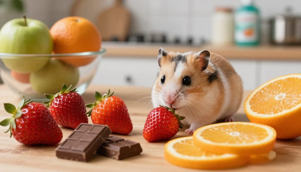 A vibrant, engaging still-life composition featuring a variety of hazardous foods for hamsters, artistically arranged. In the foreground, showcase colorful, fresh strawberries, chocolate pieces, and segmented citrus fruits, all neatly placed on a wooden surface. The middle ground should highlight a small, playful hamster curiously sniffing at the strawberries, captured from a low angle to emphasize its size and expressions. In the background, softly blurred kitchen elements like a fruit bowl and pet supplies set a cozy and homely atmosphere. Use warm, natural lighting to create a welcoming, yet cautionary mood, accentuating the contrast between safe and forbidden foods. The scene should evoke a sense of care and awareness regarding pet diet choices, with a focus on the vivid colors and details of the foods.
