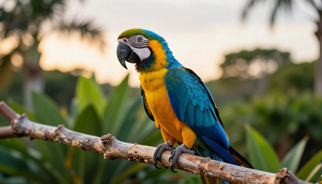 A vibrant macaw parrot perched gracefully on a branch, showcasing its stunning plumage of bright blue and yellow feathers. In the foreground, the parrot's vivid colors contrast beautifully against its lush green surroundings. The middle ground features an array of tropical foliage, providing a natural habitat. The background fades into a softly lit sky, suggesting a warm sunset atmosphere. The scene is illuminated by golden hour lighting, enhancing the colors of the bird and the natural environment. The mood is serene and inviting, emphasizing the importance of responsible care for these majestic creatures. Use a shallow depth of field for a clear focus on the macaw, capturing its expressive eyes and the intricate details of its feathers. A vibrant macaw parrot perched gracefully on a branch, showcasing its stunning plumage of bright blue and yellow feathers. In the foreground, the parrot's vivid colors contrast beautifully against its lush green surroundings. The middle ground features an array of tropical foliage, providing a natural habitat. The background fades into a softly lit sky, suggesting a warm sunset atmosphere. The scene is illuminated by golden hour lighting, enhancing the colors of the bird and the natural environment. The mood is serene and inviting, emphasizing the importance of responsible care for these majestic creatures. Use a shallow depth of field for a clear focus on the macaw, capturing its expressive eyes and the intricate details of its feathers.