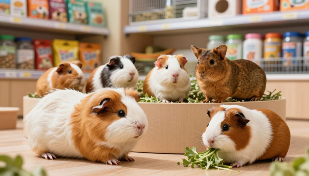 A vibrant pet shop scene featuring various breeds of guinea pigs in a bright, inviting atmosphere. In the foreground, a fluffy Peruvian guinea pig with long, flowing fur is playfully exploring its habitat. Next to it, an adorable American guinea pig with smooth coat and distinct markings is munching on fresh vegetables. In the middle, a cozy habitat display showcases a variety of guinea pig breeds, highlighting their unique fur textures and colors, such as the Abyssinian with its rosette-patterned fur. The background features a shelf filled with pet supplies like cages, food, and toys, all under soft, natural lighting that creates a warm, friendly ambiance. The image captures the joy and diversity of guinea pig breeds, emphasizing their appeal as pets.