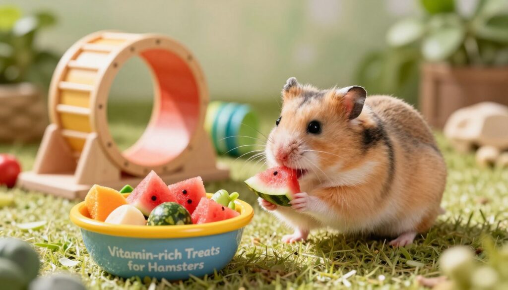 A vibrant scene depicting a chubby, fluffy hamster tasting a small piece of juicy watermelon, showcasing its natural curiosity. In the foreground, the hamster is positioned next to a colorful bowl labeled 'Vitamin-rich Treats for Hamsters,' filled with assorted fruits and vegetables, hinting at a healthy diet. The middle ground features a small, playful setup of hamster toys to create a cheerful atmosphere, like a climbing wheel and colorful tunnels. The background includes soft greenery and a cozy, natural habitat setting for the hamster, with gentle, warm lighting streaming in to enhance the inviting mood. The camera angle is slightly elevated, giving a clear view of the hamster exploring its environment, emphasizing both its delight and the importance of a varied diet. A vibrant scene depicting a chubby, fluffy hamster tasting a small piece of juicy watermelon, showcasing its natural curiosity. In the foreground, the hamster is positioned next to a colorful bowl labeled 'Vitamin-rich Treats for Hamsters,' filled with assorted fruits and vegetables, hinting at a healthy diet. The middle ground features a small, playful setup of hamster toys to create a cheerful atmosphere, like a climbing wheel and colorful tunnels. The background includes soft greenery and a cozy, natural habitat setting for the hamster, with gentle, warm lighting streaming in to enhance the inviting mood. The camera angle is slightly elevated, giving a clear view of the hamster exploring its environment, emphasizing both its delight and the importance of a varied diet.