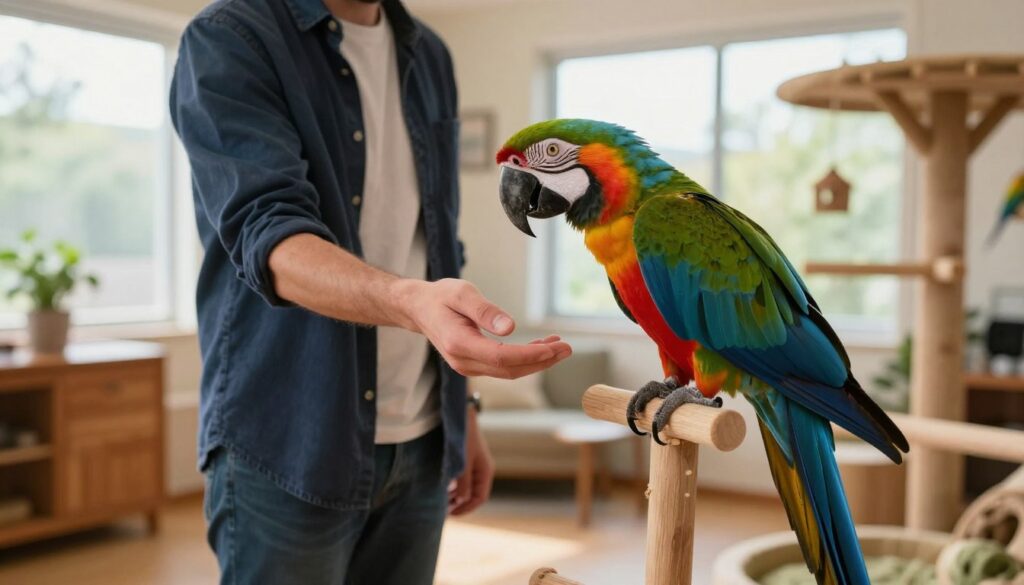 A vibrant scene depicting the gentle bonding process between a large parrot, such as a macaw, and a responsible caretaker. In the foreground, the caretaker, dressed in smart casual clothing, stands calmly while extending a hand towards the parrot, which is perched on a nearby stand, showcasing its bright plumage of blues, greens, and reds. The middle ground features a cozy room setting with soft, warm lighting that highlights the textures of wooden furniture and parrot toys. In the background, large windows allow natural daylight to filter in, creating a welcoming atmosphere. The mood conveys trust and safety, emphasizing the importance of responsible interaction with the parrot. The camera angle is slightly lower, emphasizing the size of the parrot while capturing the caretaker's attentive expression. A vibrant scene depicting the gentle bonding process between a large parrot, such as a macaw, and a responsible caretaker. In the foreground, the caretaker, dressed in smart casual clothing, stands calmly while extending a hand towards the parrot, which is perched on a nearby stand, showcasing its bright plumage of blues, greens, and reds. The middle ground features a cozy room setting with soft, warm lighting that highlights the textures of wooden furniture and parrot toys. In the background, large windows allow natural daylight to filter in, creating a welcoming atmosphere. The mood conveys trust and safety, emphasizing the importance of responsible interaction with the parrot. The camera angle is slightly lower, emphasizing the size of the parrot while capturing the caretaker's attentive expression.
