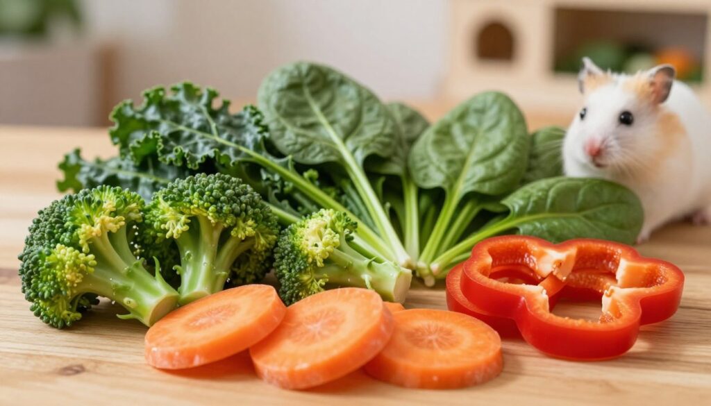 A vibrant scene featuring a variety of fresh vegetables suitable for a hamster's diet, arranged on a wooden table. In the foreground, there are bright green broccoli florets, orange carrot slices, and red bell pepper strips, all looking crisp and appealing. The middle ground reveals a few leafy greens, such as spinach and kale, elegantly scattered. The background consists of a soft-focus image of a cozy hamster habitat, suggesting a warm atmosphere. The soft, natural lighting casts gentle shadows and highlights the freshness of the vegetables, while a slight overhead angle captures the full array of colors and textures. The mood is lively and inviting, reflecting the health benefits of these vegetables for maintaining a hamster's ideal weight. A vibrant scene featuring a variety of fresh vegetables suitable for a hamster's diet, arranged on a wooden table. In the foreground, there are bright green broccoli florets, orange carrot slices, and red bell pepper strips, all looking crisp and appealing. The middle ground reveals a few leafy greens, such as spinach and kale, elegantly scattered. The background consists of a soft-focus image of a cozy hamster habitat, suggesting a warm atmosphere. The soft, natural lighting casts gentle shadows and highlights the freshness of the vegetables, while a slight overhead angle captures the full array of colors and textures. The mood is lively and inviting, reflecting the health benefits of these vegetables for maintaining a hamster's ideal weight.