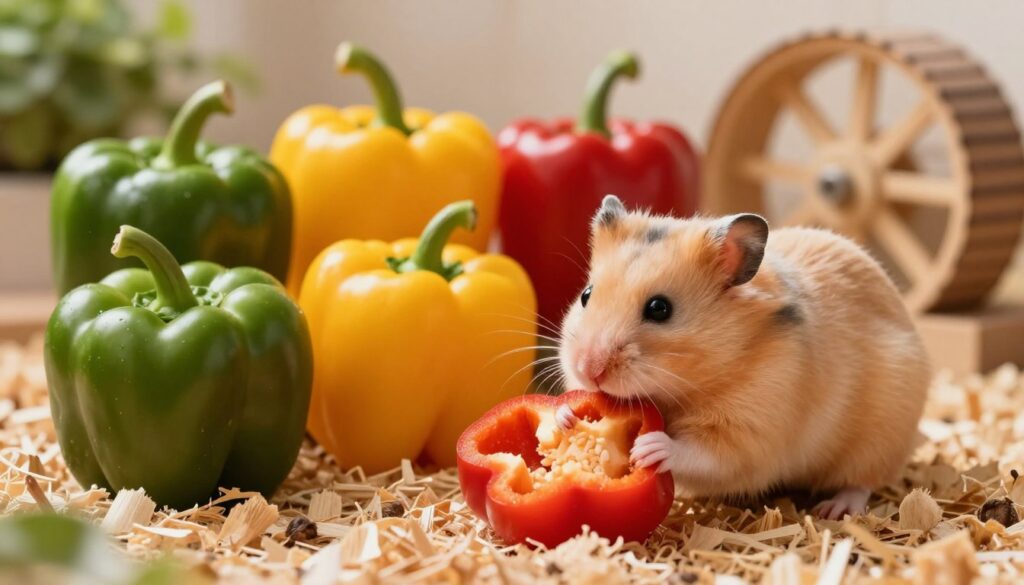 A vibrant scene showcasing a cute, fluffy hamster engaging with colorful bell peppers in a cozy environment. In the foreground, the hamster is nibbling on a slice of bright red bell pepper, its fur glistening with soft, warm lighting. Surrounding it, the middle layer features an assortment of green, yellow, and red bell peppers, arranged artistically as if part of a healthy feast. In the background, a natural, soft-focus habitat includes wood shavings, a small wheel, and gentle plants, creating a friendly atmosphere. The overall mood is cheerful and playful, emphasizing the joy and health benefits that bell peppers offer to hamsters. The lighting is warm and inviting, giving the scene a feel of comfort and wellbeing.