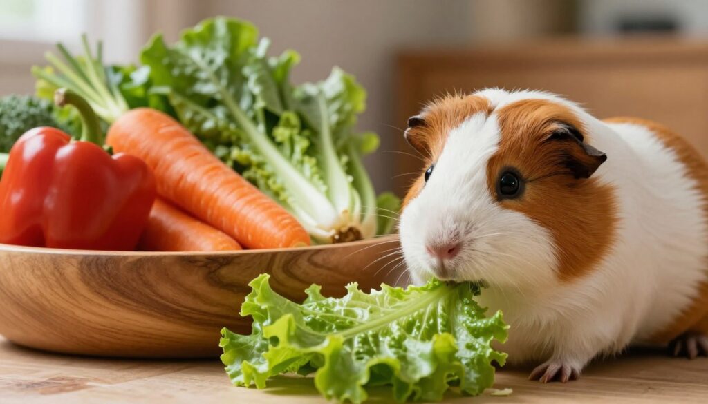 A visually appealing image of a healthy guinea pig interacting with various safe vegetables, such as bell peppers, carrots, and leafy greens. In the foreground, showcase the guinea pig curiously sniffing or nibbling at a vibrant green piece of lettuce. The middle layer should display a wooden feeding dish filled with an assortment of fresh vegetables, neatly arranged. In the background, create a warm, cozy indoor environment with soft lighting that emphasizes the natural colors of the veggies and the guinea pig's fur. The atmosphere should evoke a sense of safety and care, highlighting the importance of providing safe treats for pet guinea pigs. Use a shallow depth of field to focus on the guinea pig and veggies, blurring the background slightly for a more intimate feel. A visually appealing image of a healthy guinea pig interacting with various safe vegetables, such as bell peppers, carrots, and leafy greens. In the foreground, showcase the guinea pig curiously sniffing or nibbling at a vibrant green piece of lettuce. The middle layer should display a wooden feeding dish filled with an assortment of fresh vegetables, neatly arranged. In the background, create a warm, cozy indoor environment with soft lighting that emphasizes the natural colors of the veggies and the guinea pig's fur. The atmosphere should evoke a sense of safety and care, highlighting the importance of providing safe treats for pet guinea pigs. Use a shallow depth of field to focus on the guinea pig and veggies, blurring the background slightly for a more intimate feel.