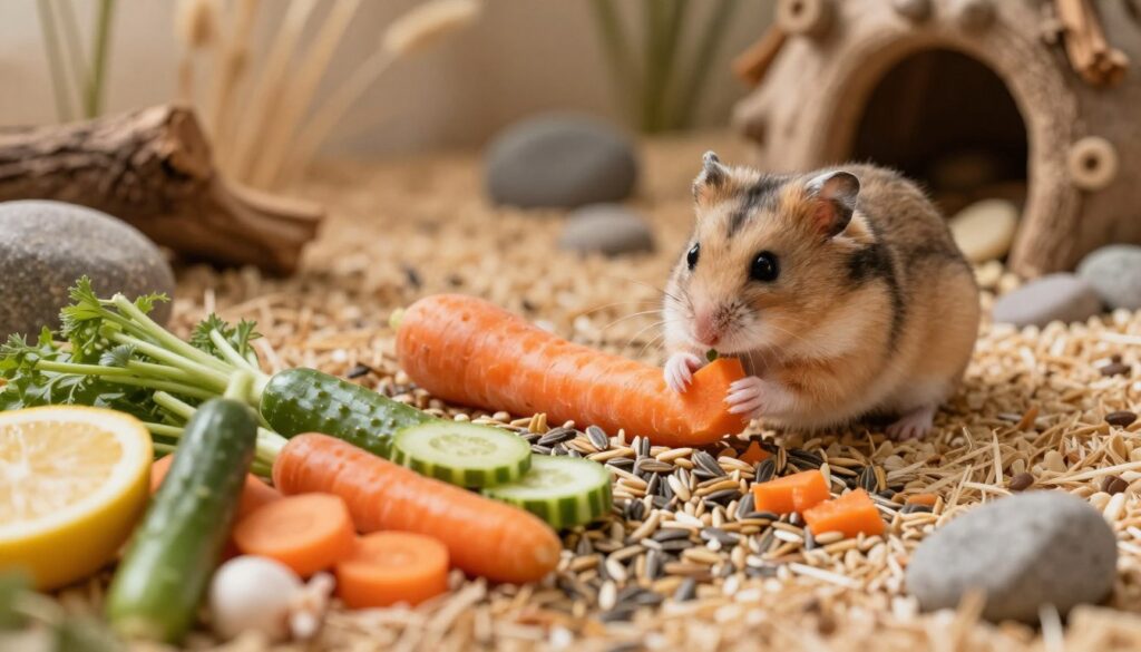 A visually engaging scene featuring a variety of hamster food in a natural setting. In the foreground, a colorful assortment of fresh vegetables, seeds, and grains is attractively arranged on a soft bed of natural bedding. In the middle ground, a curious hamster is nibbling on a piece of carrot, adding a lively element to the composition. The background showcases a cozy habitat resembling a natural desert landscape with small stones, dried grasses, and a few natural wood elements. Soft, warm lighting filters through, creating a gentle and inviting atmosphere. The overall mood is one of warmth, comfort, and the joy of pet care, highlighting the dietary preferences of hamsters in their natural environment and at home. Use a slightly elevated angle to showcase the food items and the adorable hamster in an engaging manner.