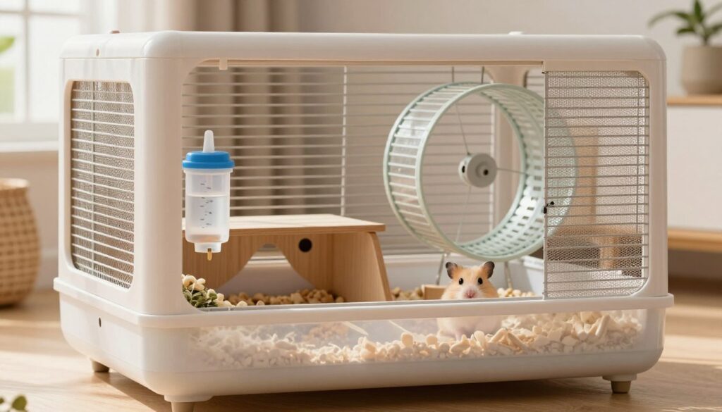 A vivid illustration of a hamster cage designed with optimal ventilation features. In the foreground, showcase the cage itself, highlighting strategically placed ventilation holes and mesh panels that ensure airflow while preventing drafts. The middle ground should include the interior scene, featuring a cozy bedding area, a water bottle, and a running wheel, all placed thoughtfully to demonstrate air circulation. In the background, depict a softly lit room with a natural and calming atmosphere, perhaps illuminated by warm, diffused sunlight filtering through a nearby window, creating gentle shadows. The overall mood should convey a sense of comfort and safety for the pet, ideal for illustrating the importance of ventilation in a hamster cage.