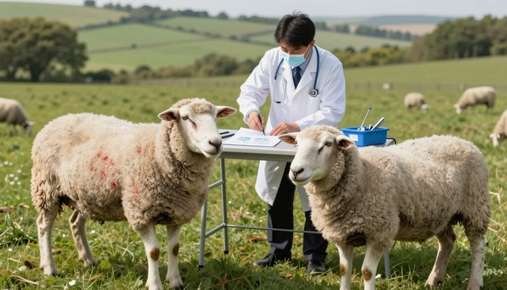 A vivid illustration of sheep affected by various diseases, showcasing two distinct sheep in the foreground: one with visible signs of illness, such as a dull coat and lethargic posture, and another healthy sheep, illustrating the contrast. In the middle ground, a veterinarian in a lab coat is examining a sheep, surrounded by veterinary tools and charts on the table showing parasite information. The background features a lush pastoral landscape, contrasting the ill sheep's condition with a healthy environment. The lighting is natural and bright, creating a calm atmosphere, with gentle shadows to enhance depth. The angle is slightly elevated, capturing the action and creating an informative scene about sheep diseases and veterinary care.