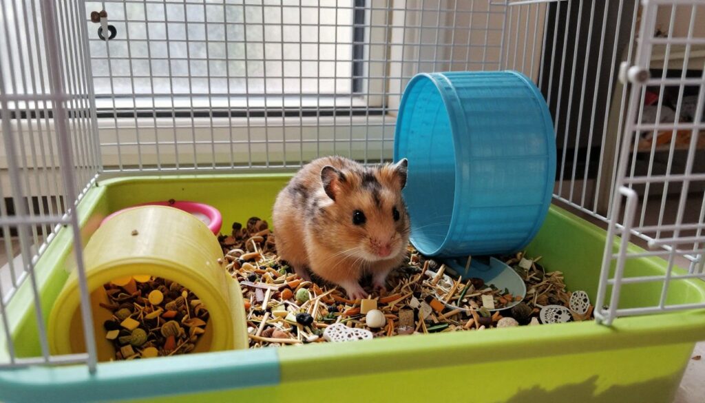 A well-designed hamster cage setup illustrating common care mistakes that can shorten a hamster's life. In the foreground, a vibrant, colorful cage featuring inadequate bedding, cramped spaces, and a lack of proper enrichment items like tubes or wheels. In the middle, a visibly stressed hamster with ruffled fur, surrounded by scattered food and unhygienic conditions, hinting at poor care. In the background, soft natural lighting filtering through a window, casting gentle shadows on the cage. The atmosphere should evoke concern and awareness about proper hamster care, with elements of a slightly cluttered living environment. The perspective should be a close-up shot, focusing on the details of the cage while maintaining a clean composition without any text or distractions.