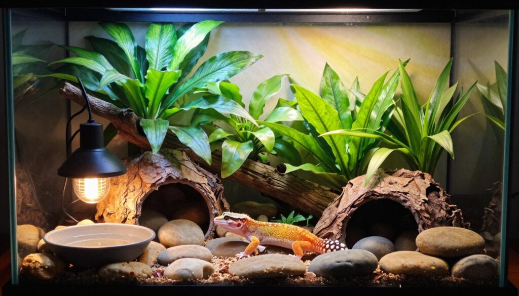A well-designed terrarium for a leopard gecko, featuring lush live plants, warm lighting, and multiple hiding spots. In the foreground, a naturalistic habitat with smooth stones, a shallow water dish, and a heat lamp gently casting a warm glow. The middle layer shows intricate foliage with various shades of green, providing a safe environment for the gecko. In the background, a subtle gradient of colors to evoke sunlight streaming through an unseen window, enhancing the tranquil atmosphere. The scene is bright, inviting, and emphasizes a stress-free environment for the gecko, highlighting the essential elements of good terrarium setup, like proper lighting and temperature management.