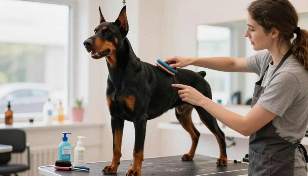 A well-groomed Doberman standing proudly in a bright, airy grooming salon environment. In the foreground, a loving owner gently brushing the Doberman's shiny coat, showcasing the dog's sleek and muscular build. The middle ground features grooming tools like brushes, nail clippers, and ear cleaning supplies neatly arranged on a table. In the background, soft natural lighting filters through large windows, illuminating the space and creating a warm, inviting atmosphere. The owner's casual attire is professional yet comfortable, emphasizing the caring bond between them and the dog. The overall mood conveys a sense of care, attention, and proactive pet ownership, highlighting the importance of maintaining a healthy, happy Doberman.