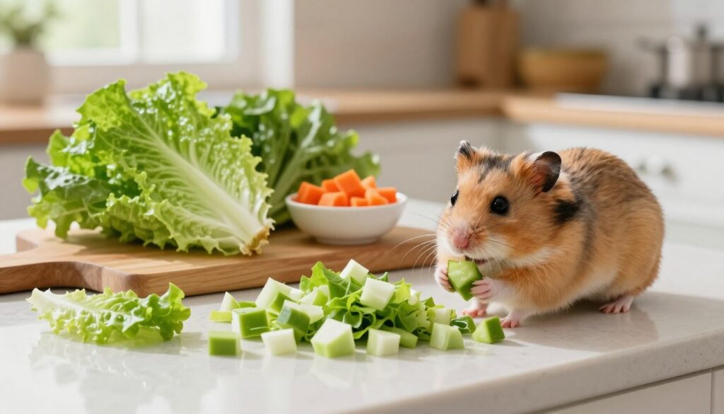 A well-lit kitchen countertop is filled with fresh, crisp leaves of lettuce, carefully washed and cut into small, manageable pieces for rodents. In the foreground, a cute, fluffy hamster curiously examines a piece of lettuce, its whiskers twitching in excitement. In the middle ground, a wooden chopping board displays a variety of lettuce, including romaine and leaf lettuce, alongside small bowls of diced vegetables like carrots and bell peppers for added nutrition. The background consists of a cozy kitchen setting with soft, natural light pouring in from a window, creating a warm and inviting atmosphere. The overall mood is playful and nurturing, emphasizing safe and healthy food preparation for small pets.