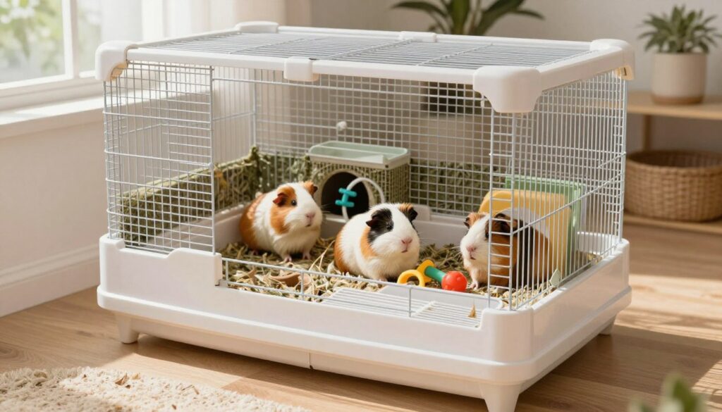 A well-organized guinea pig cage, showcasing a practical design that emphasizes easy cleaning. In the foreground, there’s a spacious cage with removable trays, and neatly arranged bedding materials. The middle section features a few cheerful guinea pigs exploring their environment, with toys and hiding spaces that promote interaction. In the background, there’s a soft, natural light filtering through a nearby window, illuminating the scene and creating a warm atmosphere. The overall composition captures the concept of cleaning convenience, with a focus on the cage’s features. The angle is slightly elevated, allowing a clear view of both the interior and the surrounding area, enhancing the sense of organization and functionality. The mood is inviting and lively, perfect for a pet-friendly environment. A well-organized guinea pig cage, showcasing a practical design that emphasizes easy cleaning. In the foreground, there’s a spacious cage with removable trays, and neatly arranged bedding materials. The middle section features a few cheerful guinea pigs exploring their environment, with toys and hiding spaces that promote interaction. In the background, there’s a soft, natural light filtering through a nearby window, illuminating the scene and creating a warm atmosphere. The overall composition captures the concept of cleaning convenience, with a focus on the cage’s features. The angle is slightly elevated, allowing a clear view of both the interior and the surrounding area, enhancing the sense of organization and functionality. The mood is inviting and lively, perfect for a pet-friendly environment.