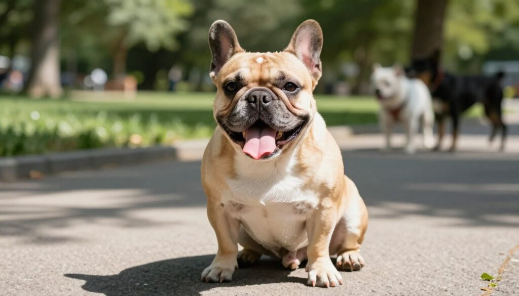 A worried French Bulldog panting heavily, with its tongue out, sitting on a hot pavement under bright sunlight. The dog has a short snout and wrinkled face, displaying signs of discomfort due to overheating. In the foreground, the dog is centered, with droplets of sweat visible on its fur. The middle ground features a sunlit park with lush greenery in soft focus, emphasizing the heat of the day. In the background, we see a few other dogs playing under gentle shade, contrasting with the intensity of the sun. The lighting is bright and harsh, casting defined shadows. The atmosphere conveys a sense of urgency and concern for the dog's well-being, highlighting the risks of overheating in breeds like the French Bulldog.