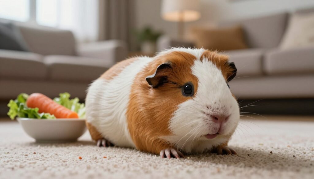 A worried guinea pig lying on its side in a cozy, softly lit living room, showcasing signs of distress such as hunched posture and drooping ears. The foreground features the guinea pig, with visible symptoms like a slightly open mouth and lethargic eyes, emphasizing its ill state. In the middle ground, a small bowl with uneaten vegetables like a half-eaten carrot and wilted lettuce conveys dietary issues. The background includes a warm, homey setting with soft lighting filtering through a window, creating a sense of concern and urgency. The atmosphere is tense yet caring, capturing the moment of a pet in need of attention and love. A worried guinea pig lying on its side in a cozy, softly lit living room, showcasing signs of distress such as hunched posture and drooping ears. The foreground features the guinea pig, with visible symptoms like a slightly open mouth and lethargic eyes, emphasizing its ill state. In the middle ground, a small bowl with uneaten vegetables like a half-eaten carrot and wilted lettuce conveys dietary issues. The background includes a warm, homey setting with soft lighting filtering through a window, creating a sense of concern and urgency. The atmosphere is tense yet caring, capturing the moment of a pet in need of attention and love.