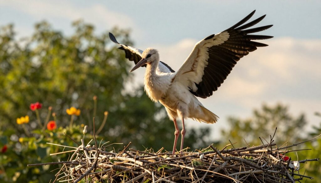 A young stork in its first year of life, struggling to take its first flight, perched tentatively on the edge of a nest made of twigs and grass. The foreground captures the stork’s delicate feathers ruffled by a gentle breeze, showcasing its youthful vulnerability and determination. In the middle ground, lush green trees and vibrant flowers create a rich, supportive environment, symbolizing life and growth. The background features a soft, sunny sky with wispy clouds, evoking hope yet hinting at the challenges that lie ahead. The scene is illuminated by warm, golden sunlight, casting soft shadows and creating a serene, contemplative mood that reflects the stork's crucial test of survival. The angle is slightly elevated, to capture the depth and beauty of the stork’s surroundings.