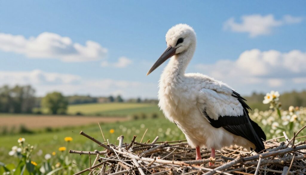 A young white stork perched on the edge of its nest, surrounded by delicate twigs and soft feathers, symbolizing its vulnerability during the critical first year of life. In the foreground, the stork's large, bright eyes exude curiosity and innocence, emphasizing the fragility of its youth. The middle ground showcases a lush countryside with green fields and blooming flowers, illustrating the natural habitat that is both beautiful and dangerous. In the background, a vivid blue sky sets a tranquil mood, with wispy clouds drifting lazily, hinting at the coming migrations. Soft golden light bathes the scene, creating an ethereal atmosphere, capturing the hope and challenges faced by these young birds. The composition should evoke a sense of wonder and concern for their future survival without any human presence. A young white stork perched on the edge of its nest, surrounded by delicate twigs and soft feathers, symbolizing its vulnerability during the critical first year of life. In the foreground, the stork's large, bright eyes exude curiosity and innocence, emphasizing the fragility of its youth. The middle ground showcases a lush countryside with green fields and blooming flowers, illustrating the natural habitat that is both beautiful and dangerous. In the background, a vivid blue sky sets a tranquil mood, with wispy clouds drifting lazily, hinting at the coming migrations. Soft golden light bathes the scene, creating an ethereal atmosphere, capturing the hope and challenges faced by these young birds. The composition should evoke a sense of wonder and concern for their future survival without any human presence.
