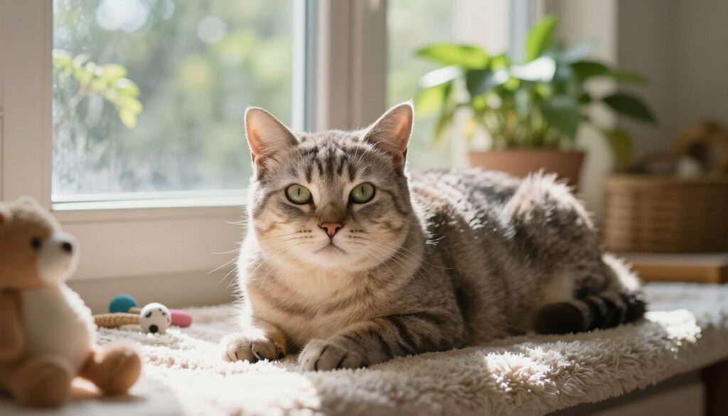 An elderly cat with a dignified presence is lying comfortably on a soft, sunlit windowsill. The foreground features the cat’s delicate, graying fur, highlighting its wise, gentle eyes that reflect the passage of time. In the middle, a cozy room is depicted, with plush blankets and scattered toys, emphasizing a warm and nurturing environment. The background shows lush green plants outside the window, letting in natural light that casts a gentle glow, suggesting a peaceful afternoon. The mood is serene and inviting, capturing the essence of caring for a senior cat. Utilize a soft focus lens effect to enhance the tranquility, ensuring a warm color palette that evokes comfort and companionship.