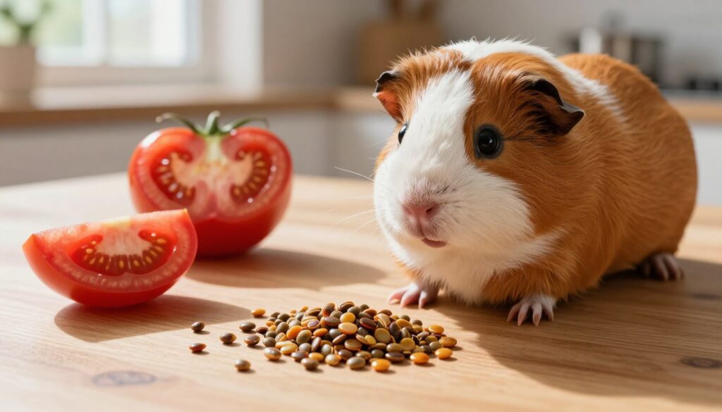 In a bright and inviting kitchen setting, a curious guinea pig is perched on a wooden table, intently examining a small pile of fresh tomato seeds. The seeds are glistening, showcasing their unique textures and colors, contrasting against the vibrant red tomato slices nearby. A half-peeled tomato rests in the background, emphasizing the question of whether its seeds should be consumed. Soft natural light filters through a nearby window, casting gentle shadows, creating a warm atmosphere. The scene is framed from a slight overhead angle, highlighting the guinea pig's cute expression as it interacts with the seeds, inviting viewers into the world of pet dietary care. In a bright and inviting kitchen setting, a curious guinea pig is perched on a wooden table, intently examining a small pile of fresh tomato seeds. The seeds are glistening, showcasing their unique textures and colors, contrasting against the vibrant red tomato slices nearby. A half-peeled tomato rests in the background, emphasizing the question of whether its seeds should be consumed. Soft natural light filters through a nearby window, casting gentle shadows, creating a warm atmosphere. The scene is framed from a slight overhead angle, highlighting the guinea pig's cute expression as it interacts with the seeds, inviting viewers into the world of pet dietary care.