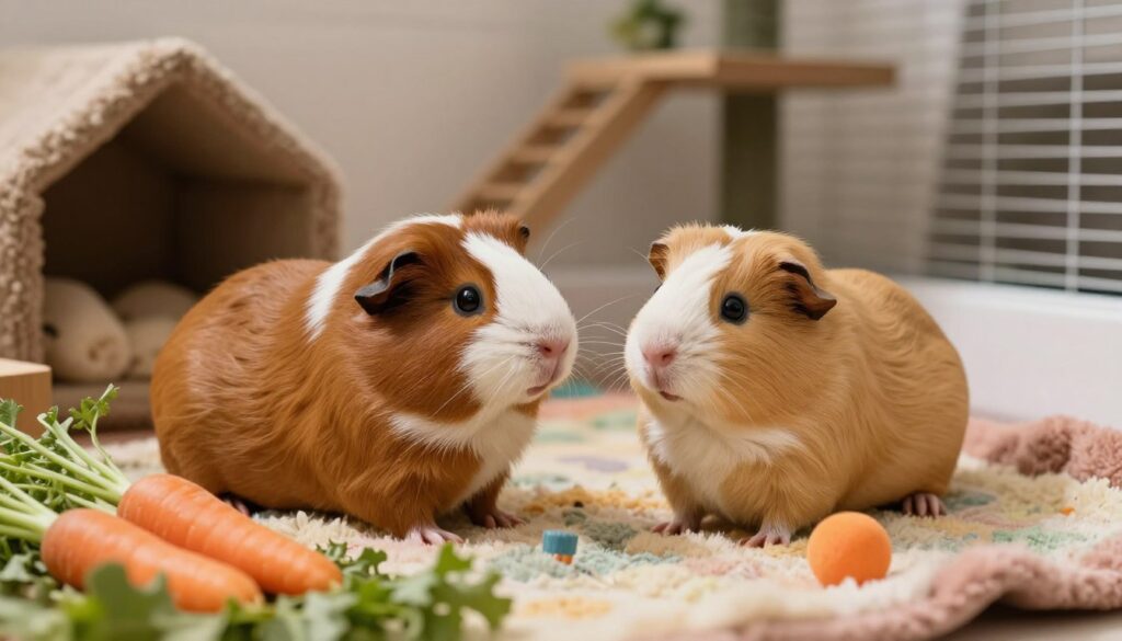 In a cozy, softly lit indoor setting, focus on a pair of guinea pigs, one male and one female, interacting gently. The male guinea pig has a rich brown fur coat with distinctive white patches and bright, curious eyes. The female is a creamy tan with a smooth, silky coat, displaying a playful demeanor. They are sitting on a soft, colorful fleece bedding, surrounded by a few small toys and a fresh assortment of vegetables like carrots and leafy greens in the foreground. In the background, a spacious enclosure is visible, filled with cozy hides and climbing areas, creating a harmonious and inviting atmosphere. The lighting is warm and soft, casting gentle shadows, emphasizing the calm and friendly interaction between the guinea pigs, evoking a sense of nurturing and companionship.