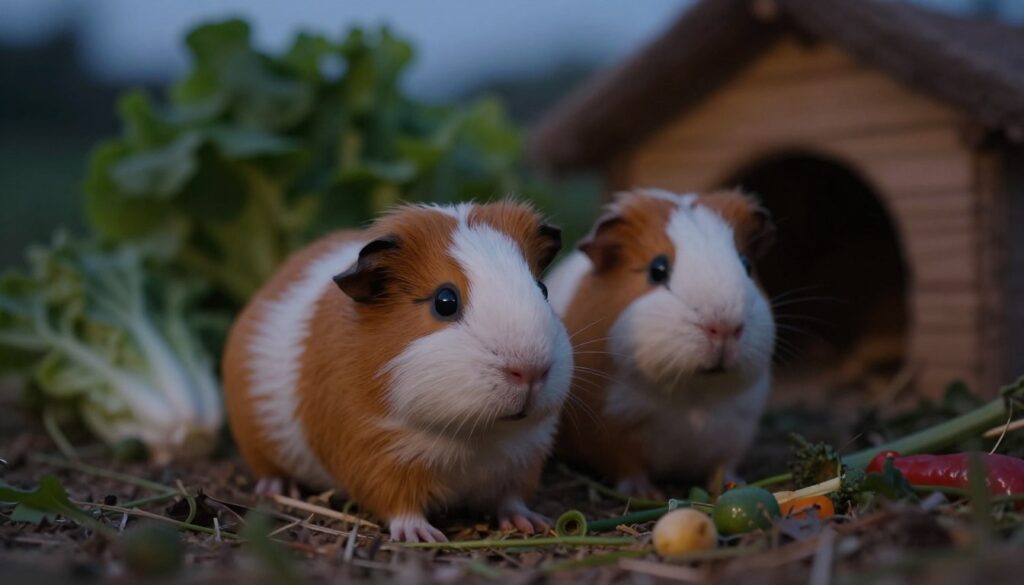 In a gentle twilight setting, depict a close-up of two adorable guinea pigs exploring their habitat in dim light, illustrating their unique night vision. The foreground features the fuzzy faces of the guinea pigs, with their large, expressive eyes reflecting faint glimmers of light. In the middle ground, soft bedding and scattered small vegetables create a cozy atmosphere, while the background showcases blurred shapes of leafy greens and a softly illuminated hideout, hinting at a natural environment. Use warm, soft lighting to enhance the serene mood, suggesting calmness and curiosity. The focus should be sharp on the guinea pigs, with a slight bokeh effect on the background to emphasize their natural behavior in low light conditions. In a gentle twilight setting, depict a close-up of two adorable guinea pigs exploring their habitat in dim light, illustrating their unique night vision. The foreground features the fuzzy faces of the guinea pigs, with their large, expressive eyes reflecting faint glimmers of light. In the middle ground, soft bedding and scattered small vegetables create a cozy atmosphere, while the background showcases blurred shapes of leafy greens and a softly illuminated hideout, hinting at a natural environment. Use warm, soft lighting to enhance the serene mood, suggesting calmness and curiosity. The focus should be sharp on the guinea pigs, with a slight bokeh effect on the background to emphasize their natural behavior in low light conditions.
